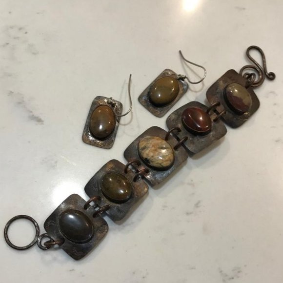 Copper Panel Bracelet  & Earrings Set with Natural Stone Cabochons - Picture 2 of 7